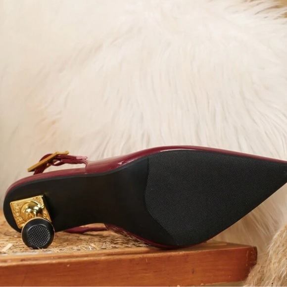 Elegant Burgundy Patent Slingback Heels with Gold Ball Stiletto - Picture 6 of 6